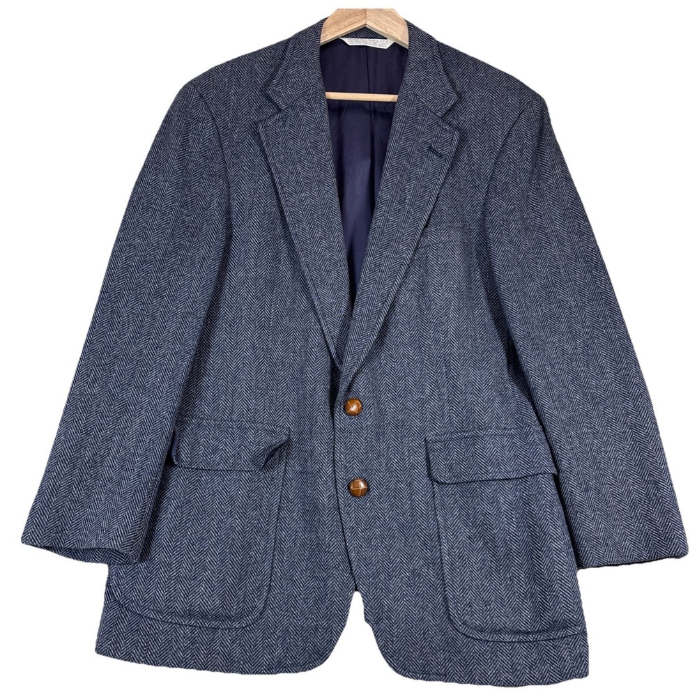 Lands' End Tweed Blazer Mens 41R‎ Wool & Leather Button Herringbone 2 Button USA